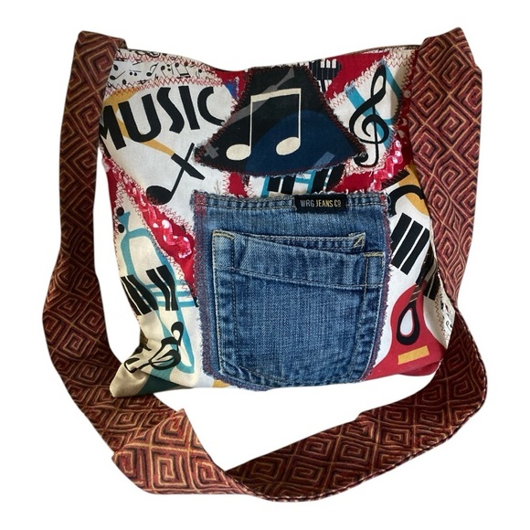 Vibrant Music-Themed Hobo Denim Pocket Embroidered Reverse Canvas Back Bag NWOT - Picture 3 of 14